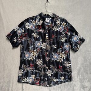 Kennington Shirt Mens Large Black Hawaiian Tropical Floral Aloha Camp Top